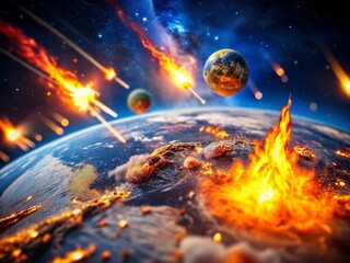 A Stunning Tilt-Shift Photography of a Meteor Shower Impacting Earth, Showcasing Dramatic Flames and Debris in a Miniature World Effect