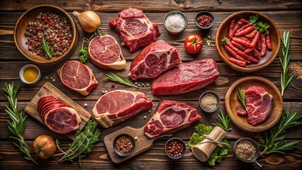 A Stunning Top View of an Assorted Raw Beef Meat Set Featuring Various Classic Steaks on a Rustic Wooden Background Perfect for Culinary and Food Photography