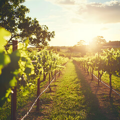 Naklejka premium Sunset vineyard rows nature landscape serene viewpoint