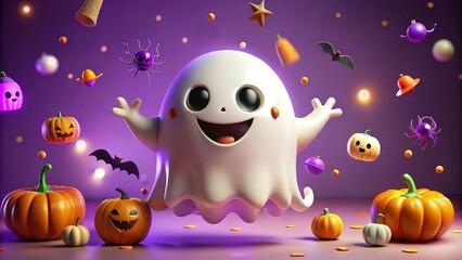 Fototapeta premium A friendly ghost with a wide smile floats above a cluster of pumpkins and other Halloween decorations on a purple background.