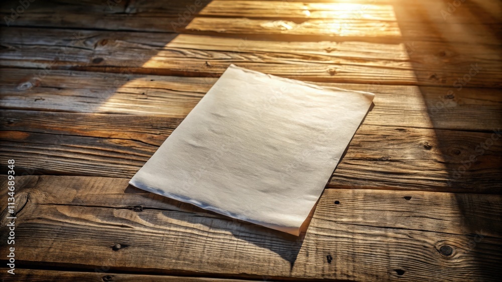 Poster a single sheet of paper rests on a weathered wooden surface, bathed in the warm glow of sunlight str