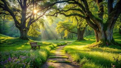 Fototapeta premium A solitary wooden bench in a sunlit meadow surrounded by ancient trees, inviting peaceful reflection and serenity amidst nature's embrace