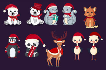 A set of adorable cartoon animals dressed in festive Christmas attire. Characters include a polar bear, a squirrel, a cat, a penguin, a panda, a reindeer and ostriches