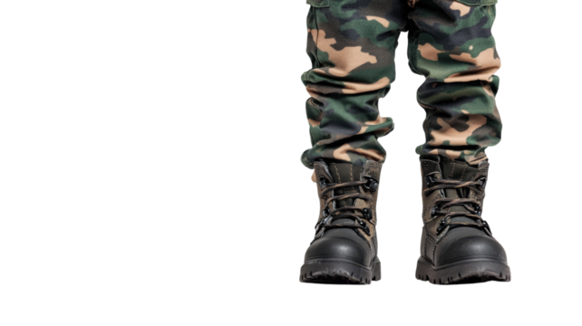 A Young Child Playfully Dressed in Camouflage Pants and Boots Perfect for Outdoor Adventures and Imaginative Play.