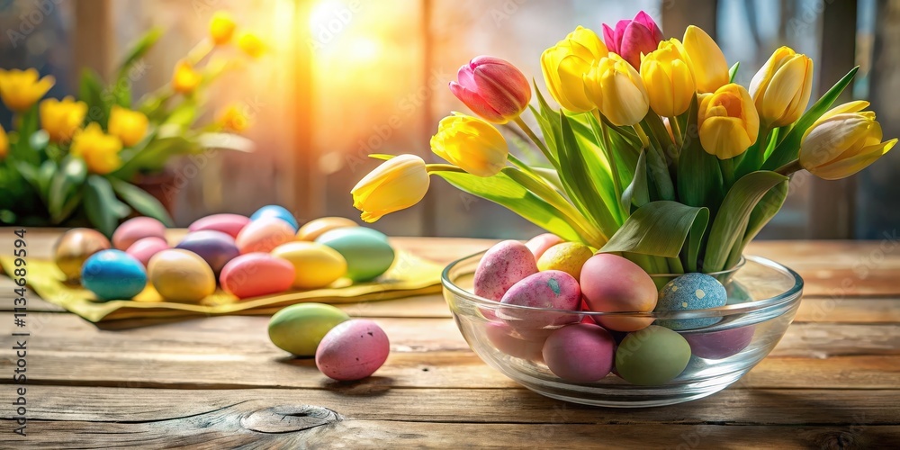 Aufkleber a festive easter table setting with a bouquet of tulips and colorful eggs in a glass bowl