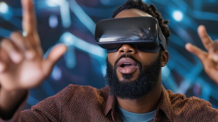 Entrepreneurs revolutionizing education with AI, pitching innovative learning platforms to investors, showcasing augmented and virtual reality applications This dynamic image captures a man with a VR