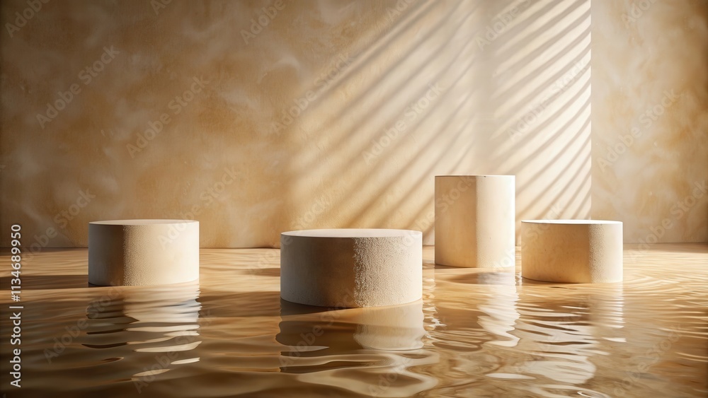 Poster Abstract Minimalist Beige Cylindrical Platforms Submerged in Water with Subtle Light Reflections and Warm Sunlight Filtering Through