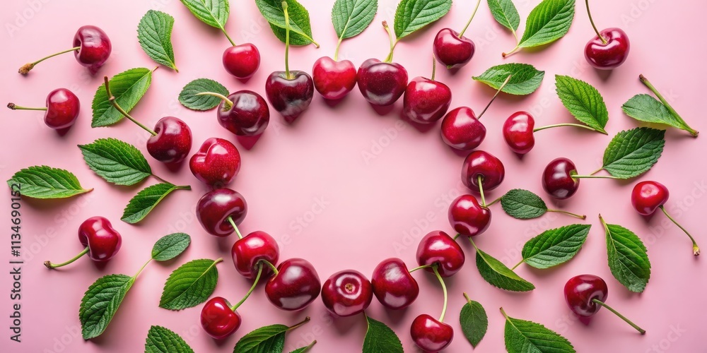 Poster a vibrant arrangement of red cherries and green leaves forming a circular frame on a pink background