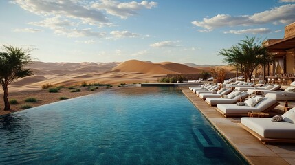 Obraz premium A crystal-clear desert pool surrounded by white loungers and an outdoor bar, overlooking golden sand dunes