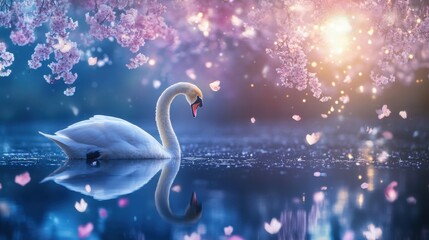 Fototapeta premium Serene Swan Reflecting in Tranquil Spring Waters