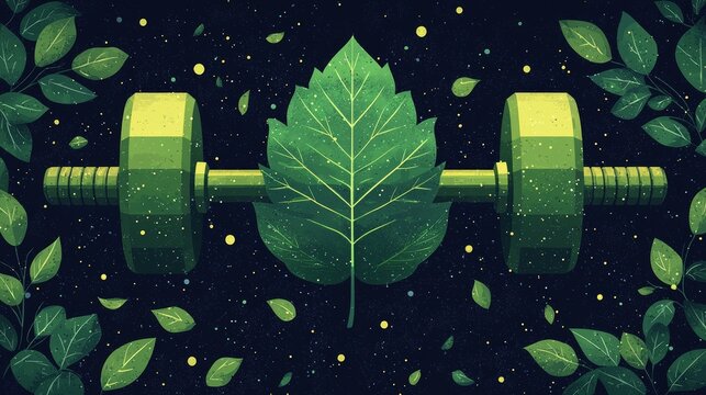 Dynamic logo design showcases green leaf intertwined dumbbells emphasizing eco friendly fitness. vibrant colors reflect health and sustainability for active lifestyle branding.