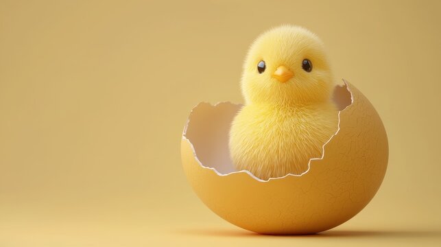 Adorable baby chick hatching from egg on soft yellow background