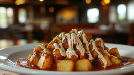 Fototapeta premium Delicious Spicy Potatoes Bravas with Aioli