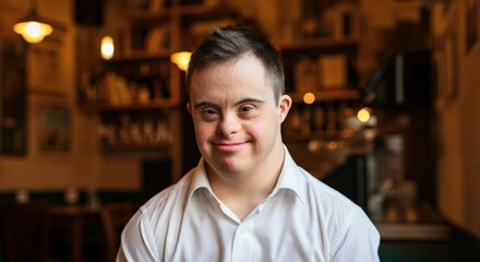 Fototapeta premium Young caucasian male with down syndrome smiling in cozy cafe setting
