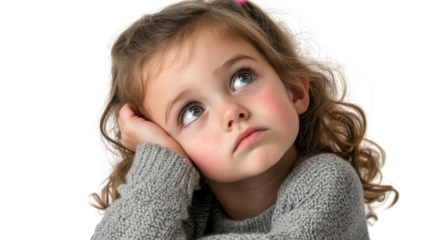 Curious child with curly hair gazes thoughtfully while resting her head on her hand in a cozy sweater against a light background.