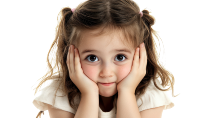 A young girl with a charming expression holds her cheeks in surprise while looking directly at the camera against a plain background.