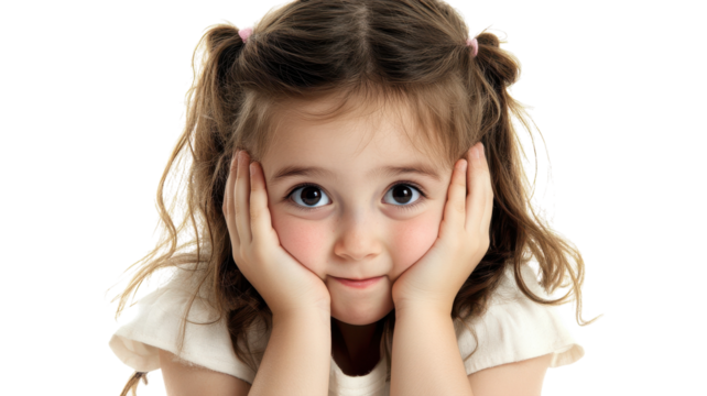 A young girl with a charming expression holds her cheeks in surprise while looking directly at the camera against a plain background.