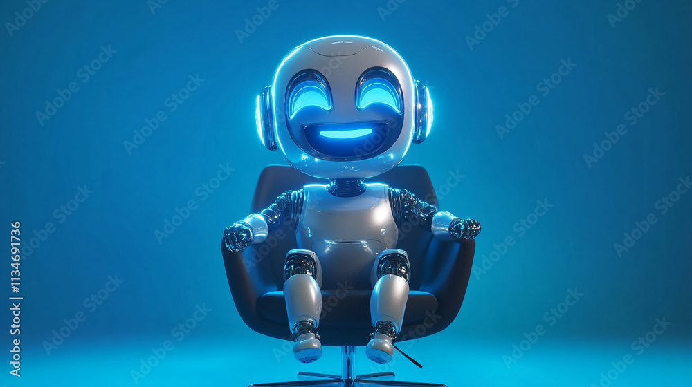 Poster Robot character in a futuristic setting with glowing features and an engaging smile