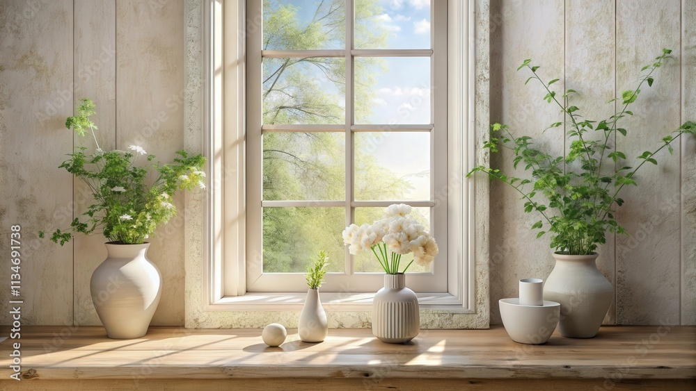 Poster Sunlight streams through a window, illuminating a rustic wooden ledge adorned with three vases filled with lush greenery and delicate white blossoms.