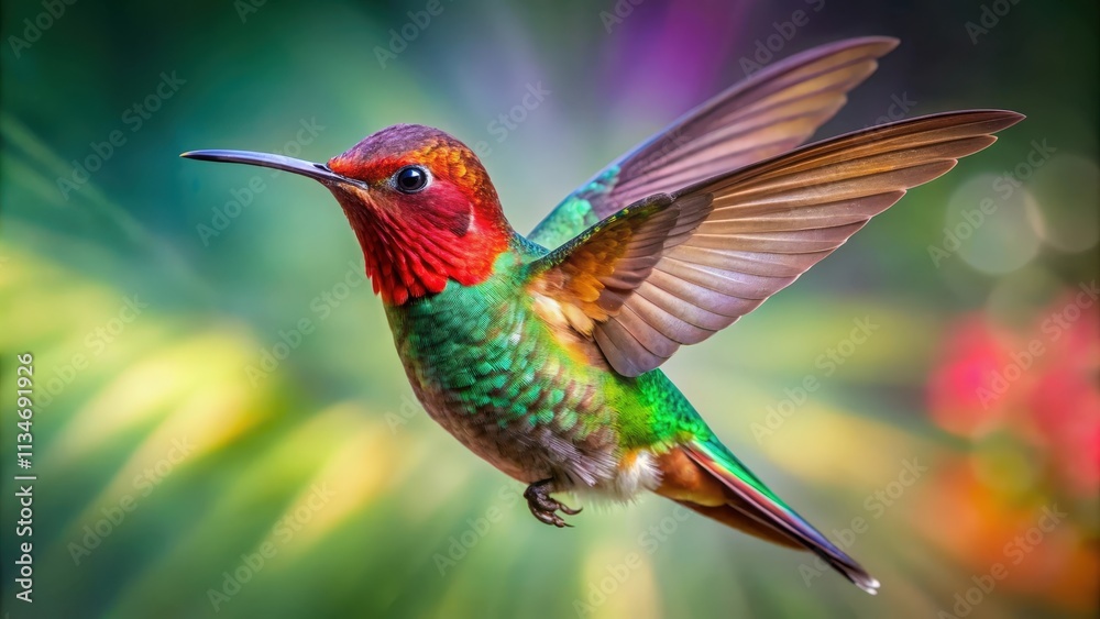 Poster A Vibrant Hummingbird in Flight with its Wings Spread Wide, Showing Off its Intricate Feather Patterns and Bright Colors Against a Blurred Background of Lush Greenery and Hints of Pink and Red