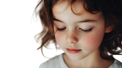 A young girl with curly hair and freckles gazes downward, lost in thought, against a softly blurred background.