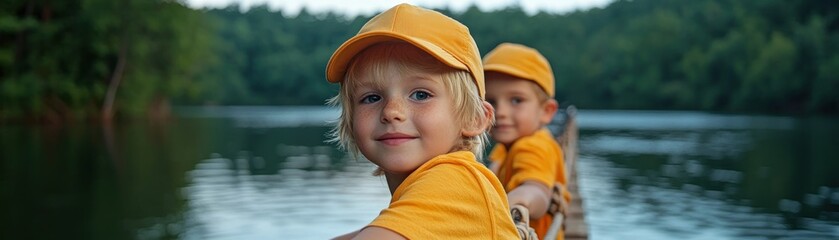 Summer camp fun unfolds as children balance on a rope bridge, amidst a lush forest backdrop, their courage evident, with bright yellow clothing capture the essence of joy and outdoor adventure with