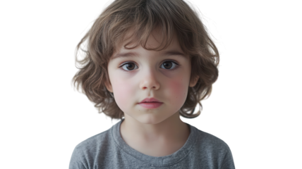 A young child with curly hair and a gray shirt standing against a plain background, looking directly at the viewer with a thoughtful expression.