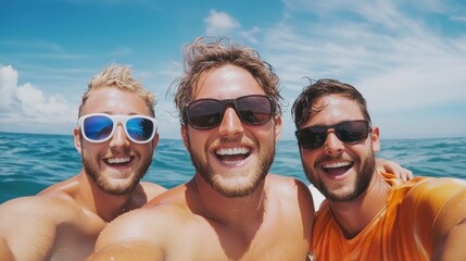 Fototapeta premium Three Surfers enjoy sunny ocean day, capturing vibrant moments, Surfing adventures and documenting waves Witnessing the ocean's beauty, these surfers are blending water sports with storytelling This