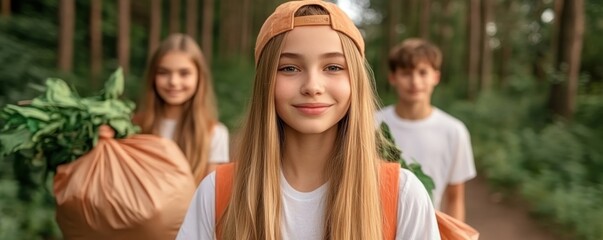Three teenagers in a forest are cleaning up the trail, picking up trash They carry full trash bags demonstrating environmental awareness and teamwork, and a focus on volunteering for community