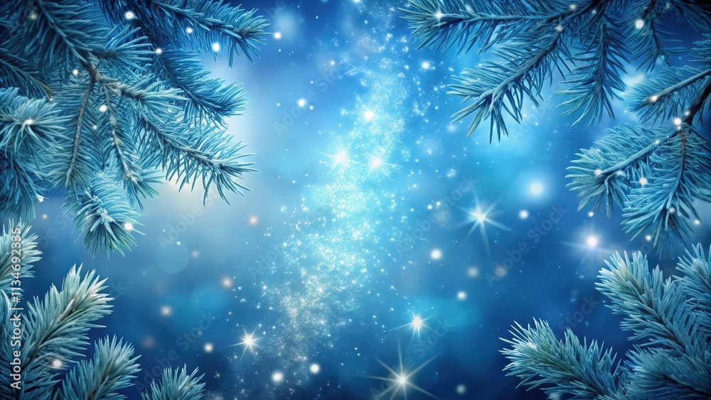 Poster Frosted Pine Branches Frame a Sky Filled with Sparkling Dust and Twinkling Stars