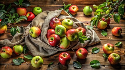 A Rustic Still Life with a Bountiful Harvest of Apples, Displaying Various Colors and Textures, Nestled in a Burlap Sack and Scattered Among Greenery on a Rustic Wooden Background