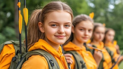 Obraz premium Witness the thrill of teenagers learning archery outdoors, their bow and arrow skills taking flight in the wilderness See focused skills as they aim, demonstrating concentration and precision These