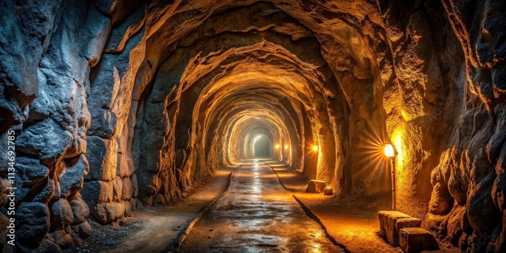 Poster A long, winding stone tunnel illuminated by a warm glow of light emanating from lanterns placed along the pathway leading towards the unknown