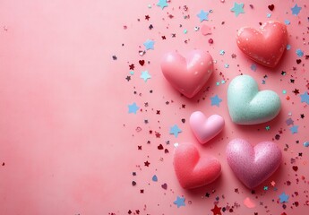 Fototapeta premium Colorful hearts and confetti on pink background