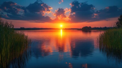 A serene sunset over a calm lake, reflecting vibrant colors and surrounded by lush grass.