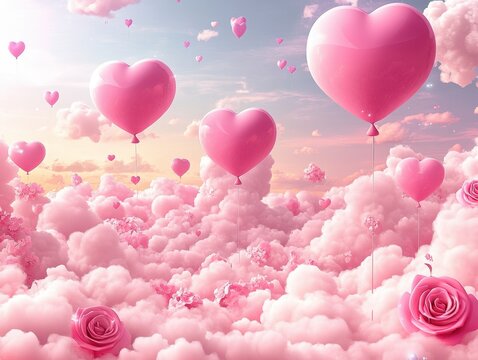 Pink Heart Balloons Floating Above Pink Cloudscape