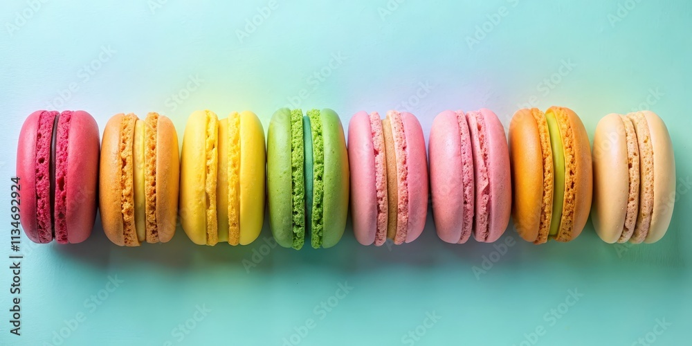 Aufkleber A row of colorful macarons arranged in a rainbow pattern on a light blue background.