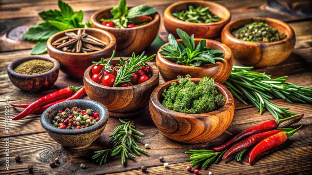 Poster a rustic tabletop arrangement of various herbs and spices in wooden bowls with red chili peppers and