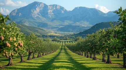 A scenic view of an orchard with mountains in the background, showcasing nature's beauty.