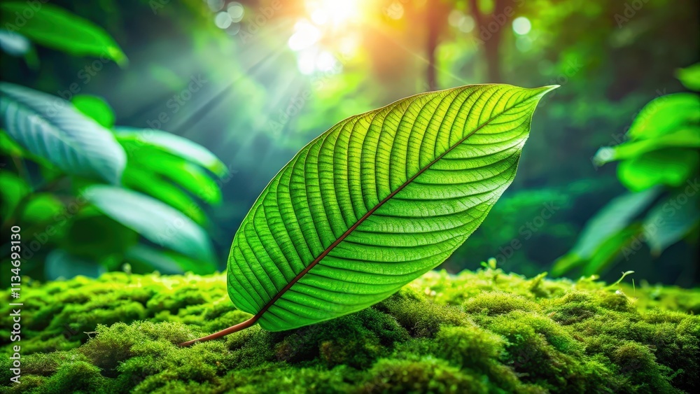 Poster a single vibrant green leaf with intricate veins rests upon a bed of lush moss, illuminated by the g