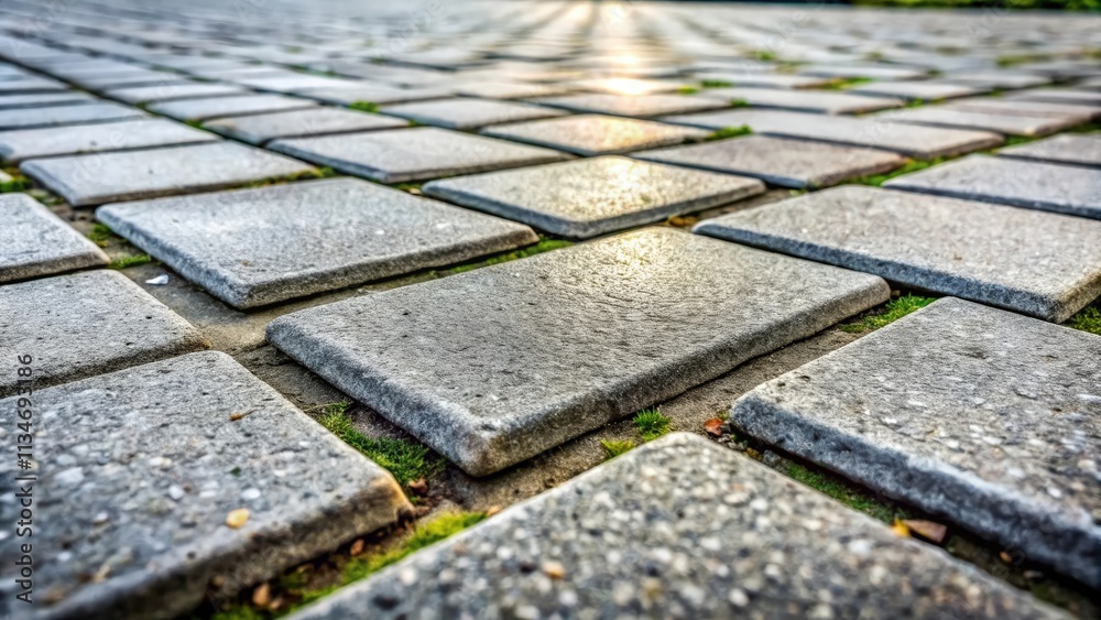 Leinwandbilder A low angle perspective of a paved walkway with sunlight reflecting off the stone tiles, creating a shimmering effect.