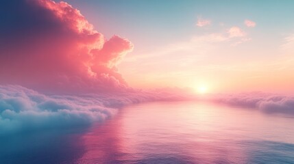 Obraz premium A serene sunset over a calm ocean, with vibrant clouds reflecting warm colors.