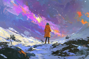 Solitary Figure Stands Beneath Vibrant Aurora in Snowy Landscape