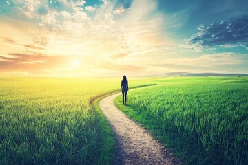 Fototapeta premium Solitary figure walking on a winding path through a vast lush green field under a warm glowing sunset sky