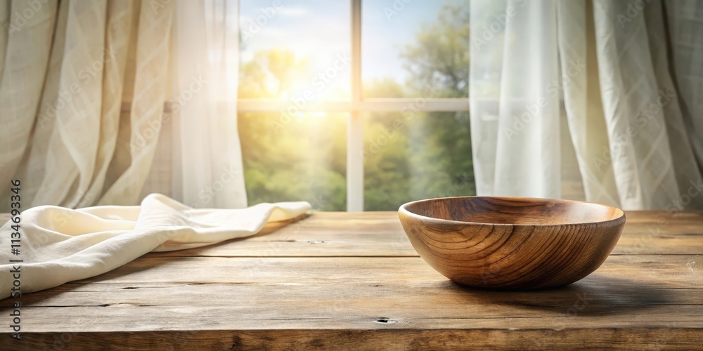 Poster a rustic wooden bowl on a table with sheer curtains and sunlight streaming through the window