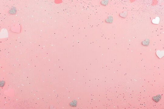 Pink background with scattered hearts and glitter
