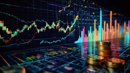 Holographic financial charts featuring coins and stock market data, illustrating investment trends, profit growth, and economic indicators, 4k Wallpaper Background Animation Video