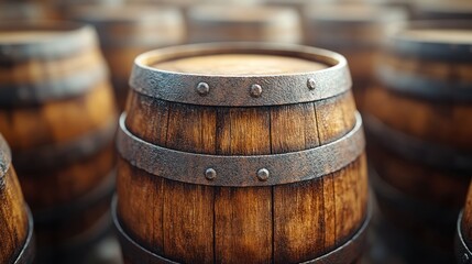 Close-up of aged wooden barrels with metal bands.