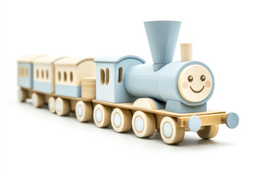 A cute wooden train in blue and light beige colors stands isolated on a white background.