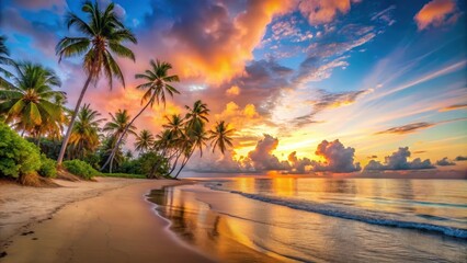 Fototapeta premium A breathtaking tropical sunset paints the sky with vibrant hues of orange, pink, and purple, casting a warm glow over the pristine white sand beach and gently lapping waves.